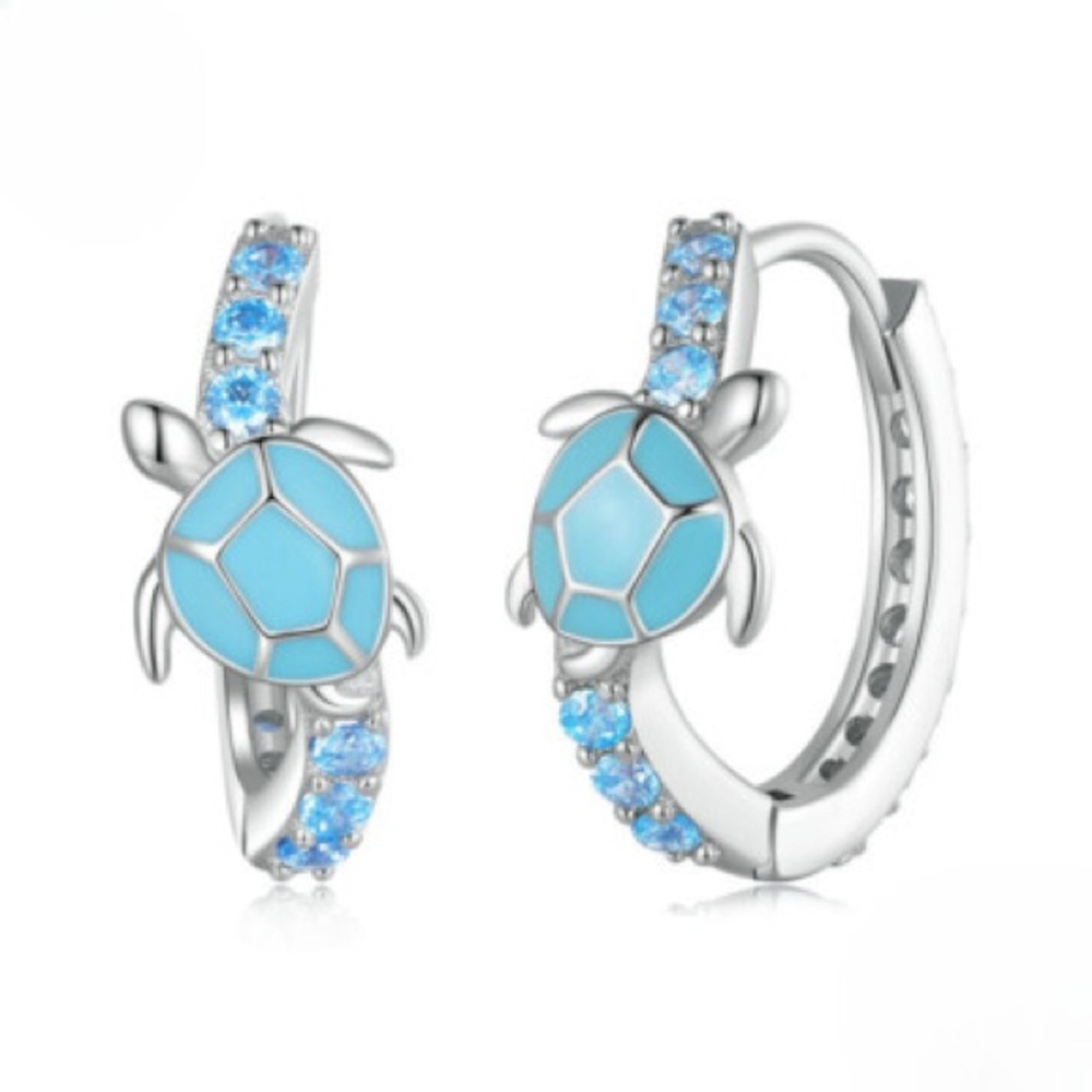 Anthropologie Silver-Tone Turquoise Turtle Hoop Earrings
